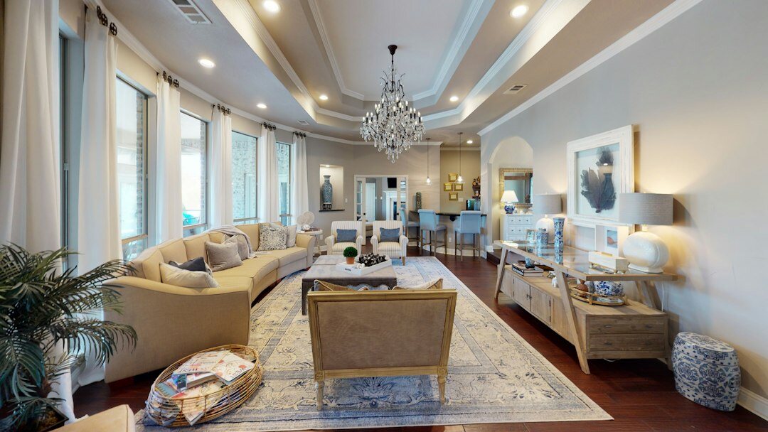 Luxurious celebrity villa living room with large windows