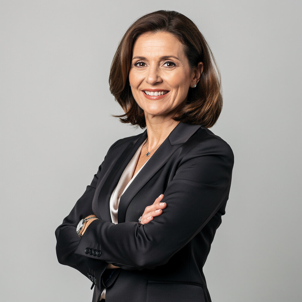 Studio portrait of a European woman magazine editor smiling