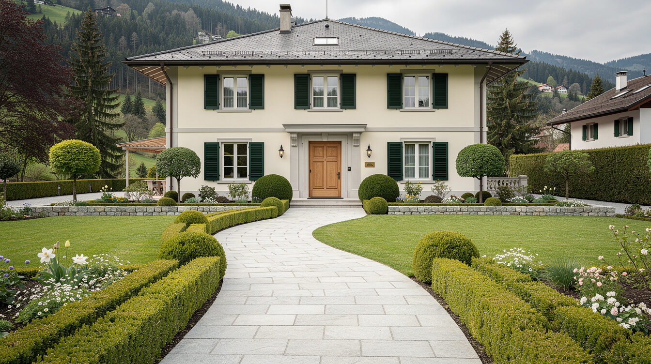 Entrance of an elegant Swiss villa with landscaped garden